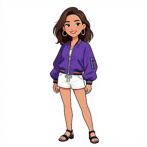 Digital illustration of a smiling young woman with medium-length brown hair, wearing a purple jacket, white shorts, black sandals, and large hoop earrings, standing