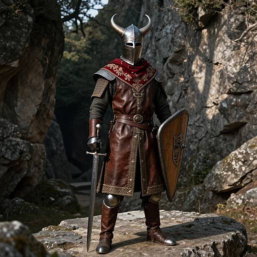 Photorealistic medieval knight in full armor with horned helmet, red cloak, brown leather tunic, sword, and shield, standing on rocky terrain