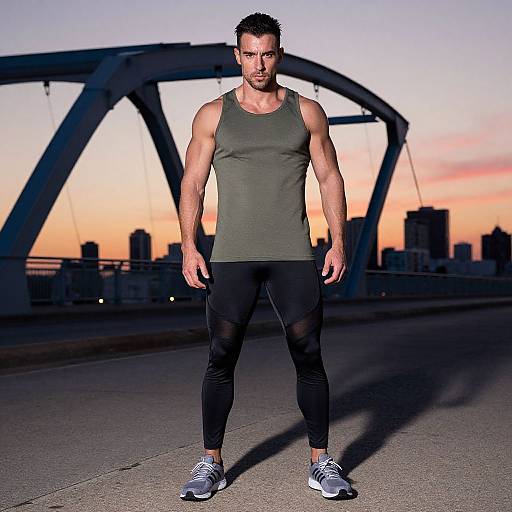 Photograph of a muscular, bearded man in a grey tank top and black leggings, standing on a bridge at sunset, with city skyline and steel