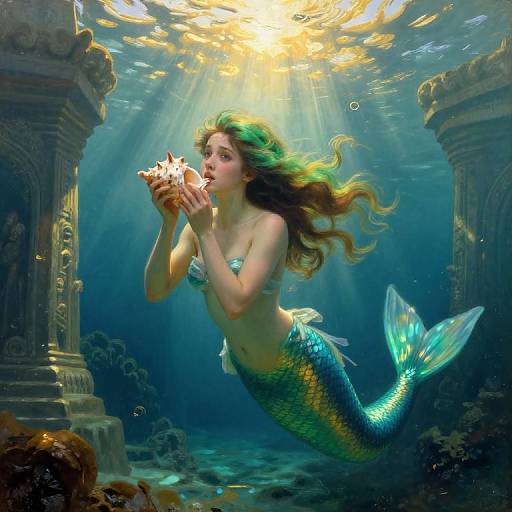Digital artwork of a green-scaled mermaid with flowing hair, underwater, examining a seashell between ancient stone columns, sunlight filtering down.
