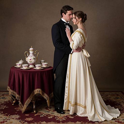 Photograph of a couple in Victorian attire, standing close, facing each other, with a table of ornate china in the background.