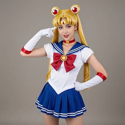 Photograph of a young woman in a detailed Sailor Moon cosplay, wearing a white sailor uniform with blue skirt, red bow, and red gloves, with