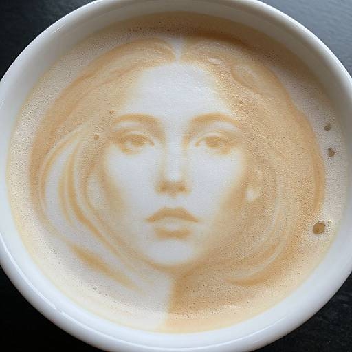 Photograph of a latte with intricate almond milk foam artwork of a serene, ethereal woman's face in the center.