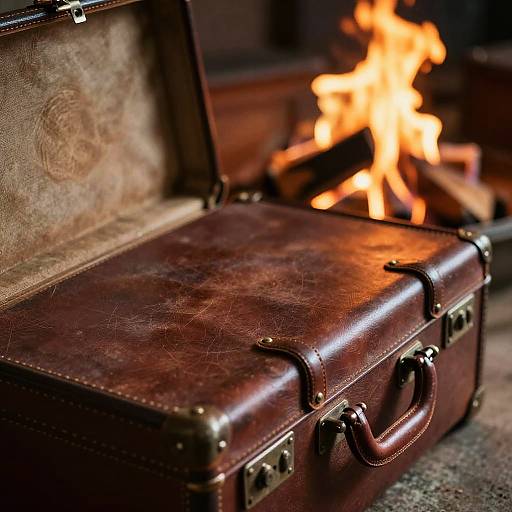 Photograph of a worn, brown leather suitcase with brass hardware, opened and placed in front of a warm, flickering fireplace.
