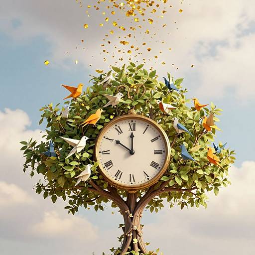 Photograph of a clock tree with a round white clock face, surrounded by green leaves, orange and blue birds, and autumn leaves against a bright blue