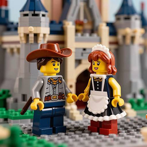 Photograph of LEGO minifigures: cowboy with brown hat and western outfit, and maid with white apron and brown hair, in front of