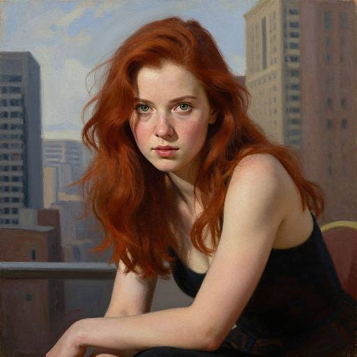 Realistic digital painting of a fair-skinned, red-haired woman with green eyes, wearing a black tank top, leaning on a balcony overlooking a city