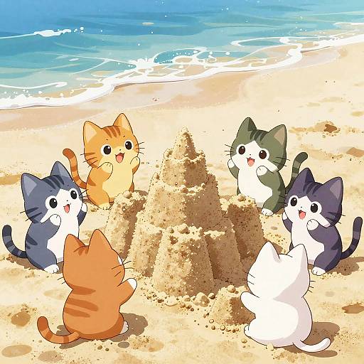 Cute anime-style digital drawing of six chibi cats building a sandcastle on a sunny beach with blue ocean waves.