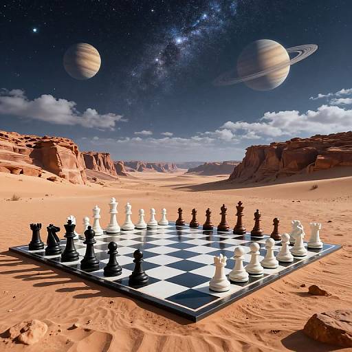 Photorealistic CGI of a black-and-white chessboard in a sandy desert landscape under a starry sky with three planets.