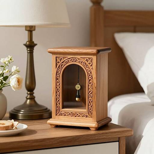 Handcrafted Wooden Wecker on Bedside Table