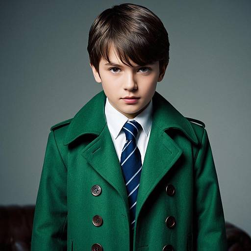Boy in Green Pea Coat with Blue Necktie