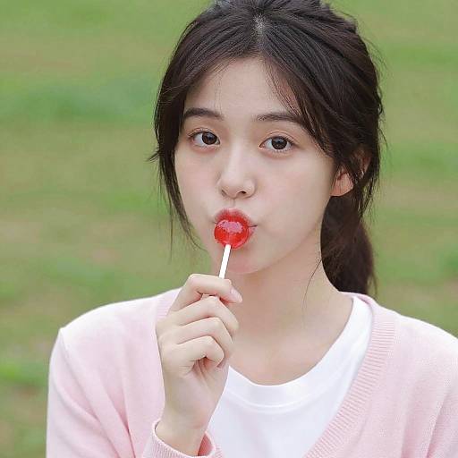 Young Asian woman with black hair, wearing pink cardigan, holding red heart-shaped lollipop, licking it, against blurred green grass background.