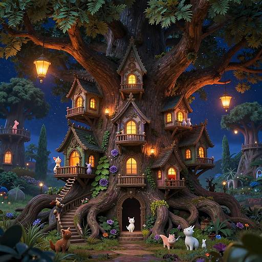 Whimsical Fairy Village in Giant Tree