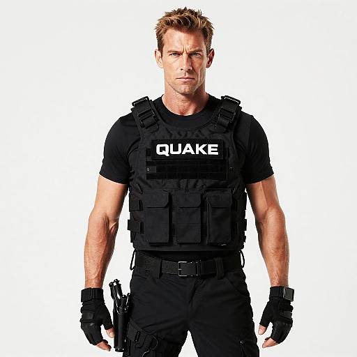 Photograph of a muscular, Caucasian male with short blonde hair, wearing black tactical gear, 