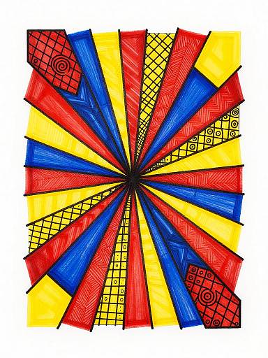 Vibrant, abstract, digital artwork featuring a radial pattern of alternating red, yellow, and blue triangular segments with black grid and spiral details on a