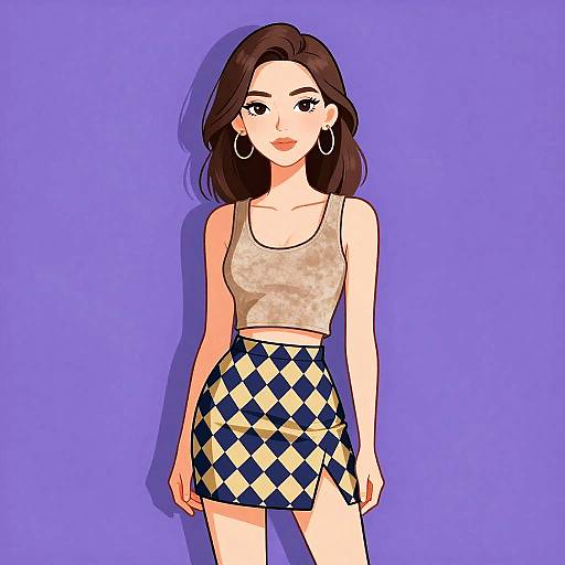 Digital anime-style drawing of a young woman with brown hair, wearing a beige crop top, blue and yellow diamond-patterned skirt, and hoop earrings,