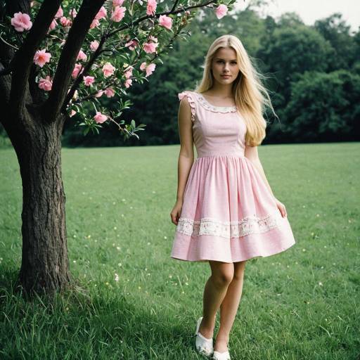 Blonde Woman in Pink Tea Party Dress Outdoors