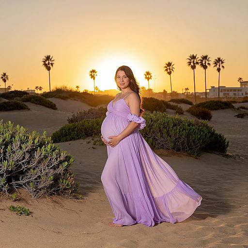 Photograph of a pregnant woman in a flowing lavender dress, standing on a sandy beach at sunset, palm trees silhouetted against the orange sky