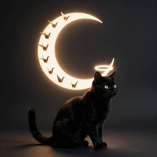 Black Cat with Glowing Crescent Moon Halo