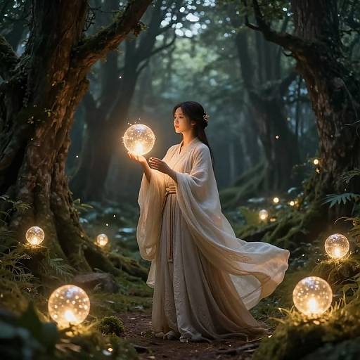 Magical forest photograph of an Asian woman in a flowing white robe, holding glowing light orbs, surrounded by ethereal forest lights.