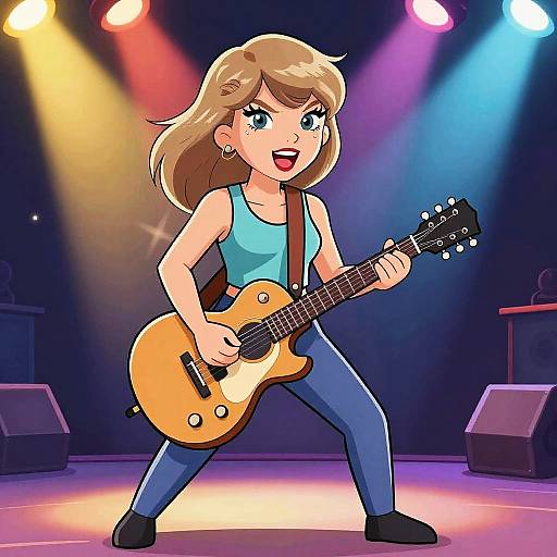 Cartoon woman with blonde hair, blue tank top, and jeans, energetically playing an orange electric guitar on a brightly lit stage.