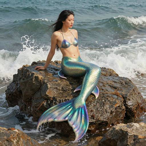 Photograph of an Asian mermaid with long black hair, blue-green iridescent scales, and a shiny tail, sitting on rocky ocean shore with