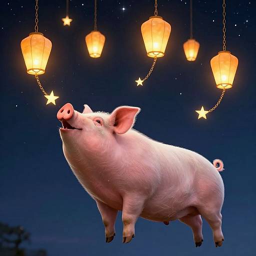 Photorealistic digital art: Pink pig floating against a starry night sky, illuminated by four glowing lanterns and small stars.