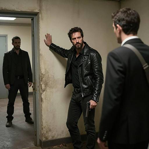 Men in tense standoff inside grimy industrial hallway