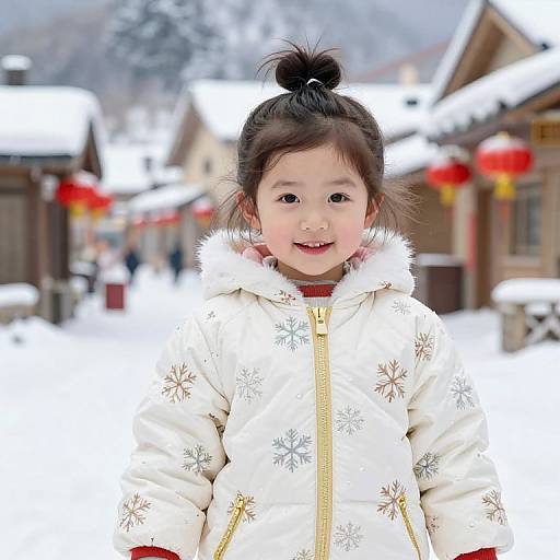 Photograph of a smiling young Asian girl with dark hair in a topknot, wearing a white snowflake-patterned winter coat, standing in a