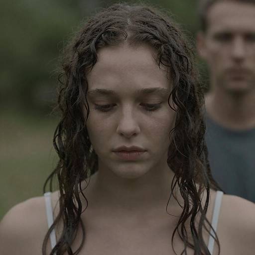Somber Close-Up of a Curly-Haired Woman