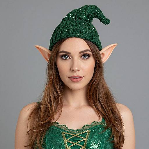 Photograph of a fair-skinned woman with long brown hair, green elf hat, and pointed ears, wearing a green lace corset with gold cr
