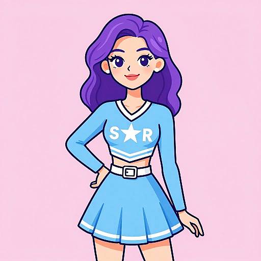 Digital cartoon of a smiling woman with purple hair, wearing a blue long-sleeve top with 