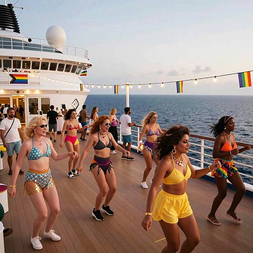Photograph of diverse women dancing on a cruise ship deck, wearing colorful bikinis and shorts, with ocean and sunset in background.