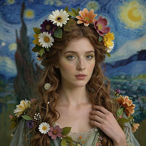 Photograph of a fair-skinned, blue-eyed woman with wavy auburn hair, wearing a floral crown and dress, against a Van G