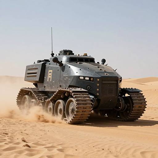 Photorealistic CGI of a sleek, black, six-wheeled, armored tank with large treads driving through a sandy desert under a clear blue