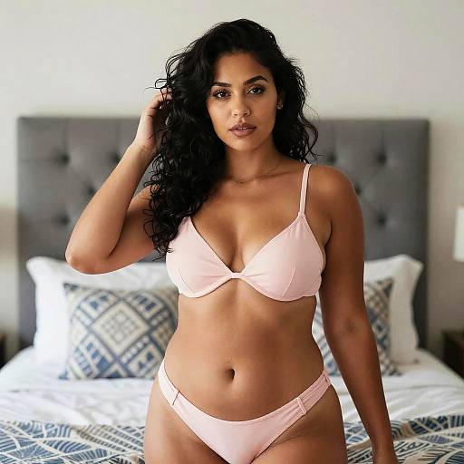 Curvy Woman in Light Pink Bikini in Bedroom
