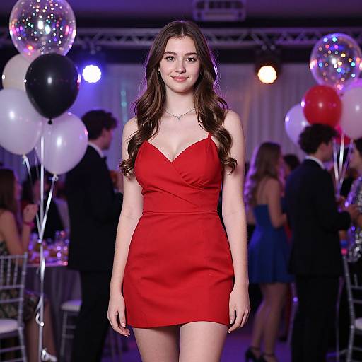 Photograph of a young woman with long brown hair, wearing a tight, red, V-neck mini dress, standing confidently in a dimly lit event