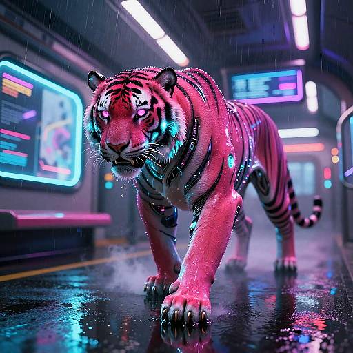 CGI image of a neon-lit, cyberpunk-style tiger walking on a wet, reflective floor in a futuristic, illuminated subway station.