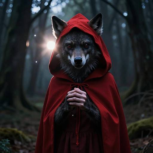 Photograph of a wolf in a red hooded cloak, hands clasped, standing in a dark, misty forest with sunlight filtering through trees.