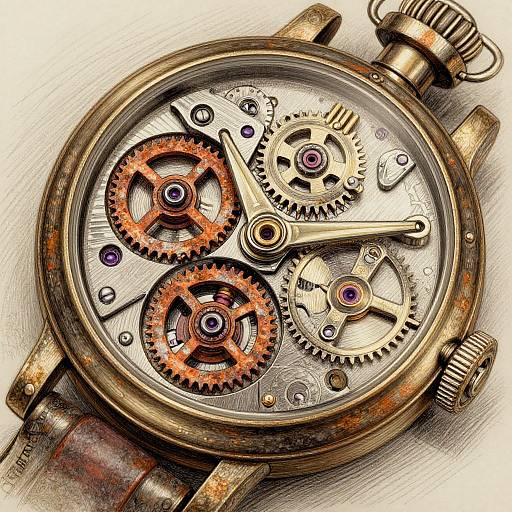 Detailed photograph of a vintage-style mechanical watch with exposed gears, orange and silver metal components, and a worn leather strap.