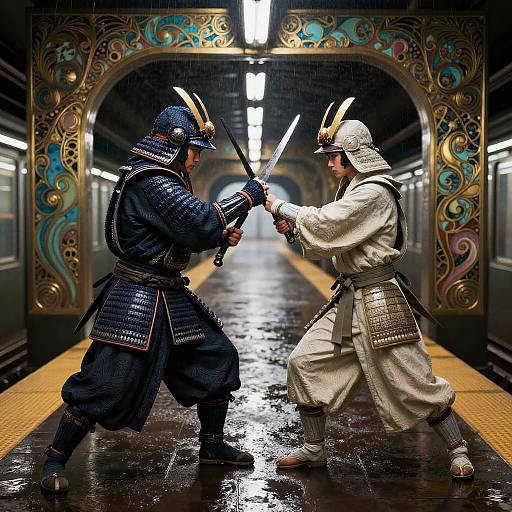 Ethereal Samurai Clash on Rainy Platform