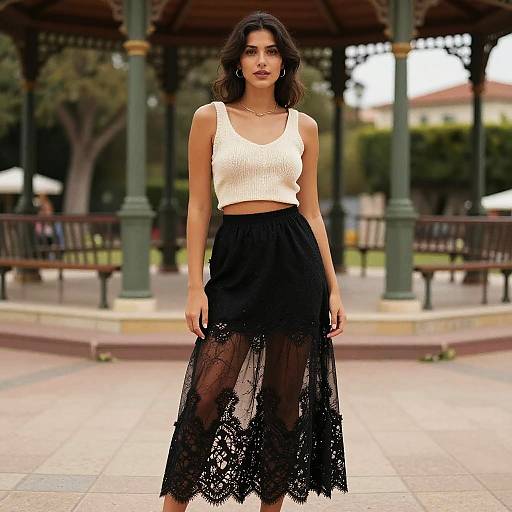 Photograph of a young woman with medium skin and dark curly hair, wearing a white crop top and black lace skirt, standing in a park with green