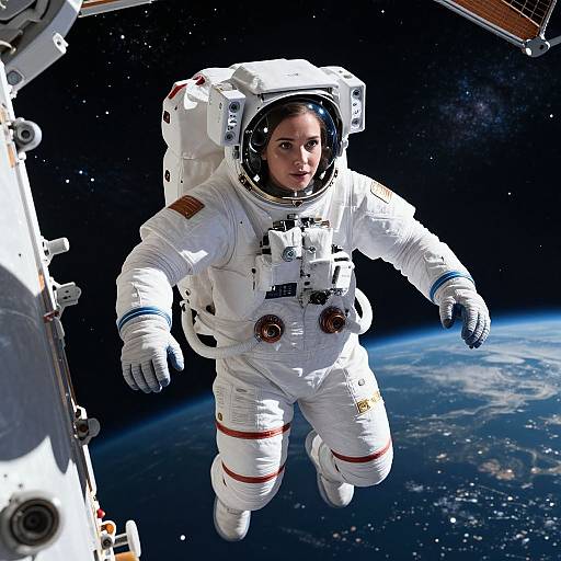 Photorealistic CGI of a female astronaut in a white spacesuit with red stripes floating near a spacecraft against a backdrop of Earth and dark space.