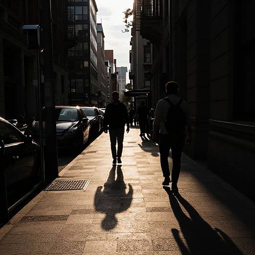 Silhouetted city street photograph; people walking in shadows, sunlight illuminating pavement; tall buildings, parked cars, strong contrast, high-contrast
