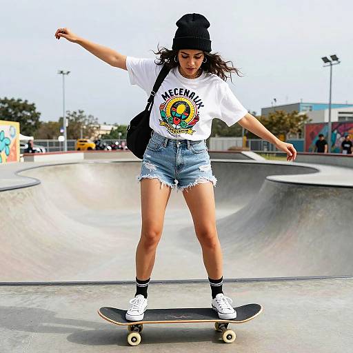 Photograph of a young woman with long dark hair, wearing a black beanie, white 