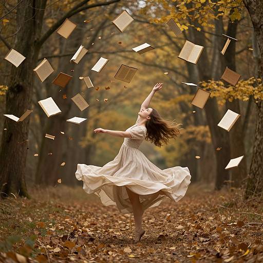 Photograph of a young woman in a flowing white dress, dancing in a forest, with autumn leaves and floating books around her.