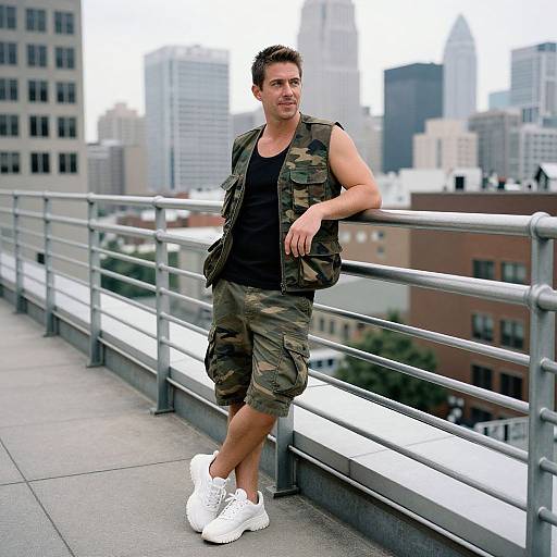 Confident Man in Camouflage Outfit on Urban Rooftop