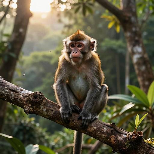 Photograph of a curious brown and gray monkey with a pink face, sitting on a tree branch in a sunlit, dense jungle.