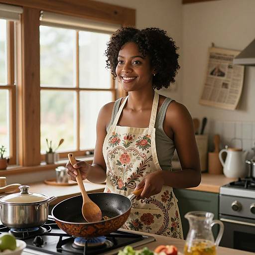 Photograph of a smiling Black woman with curly hair, wearing a floral apron, cooking in a sunny, wooden kitchen.