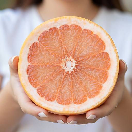 Photograph of a woman's hands holding a large, juicy, halved pink grapefruit, showcasing its vibrant, textured interior against a blurred white background